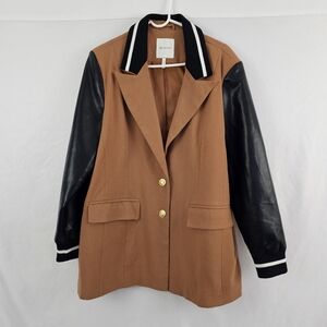 Avec Les Filles Mixed Fabric Blazer Brown with Black Faux Leather Sleeves XL